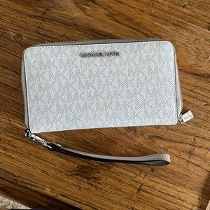Michael Kors wristlet wallet with removable wrist, strap, gray, and white